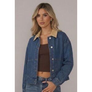 NWT Sanctuary Women's Tailored Denim Trucker Jacket Corduroy Collar Blue SZ SM